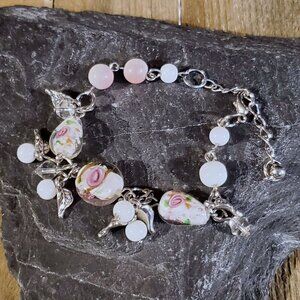 Vintage Murano Glass Beads White Silver Charm Bracelet Style I